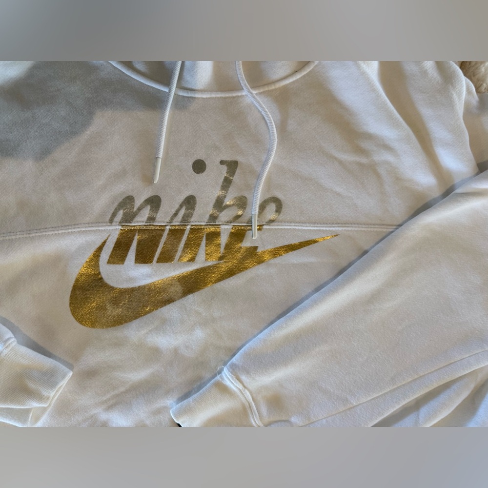 Nike White Hoodie with Gold and Silver Logo
